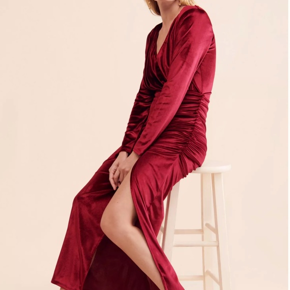 Red Let Me Be Mia Velvet Ruched Maxi Dress small - Picture 4 of 5